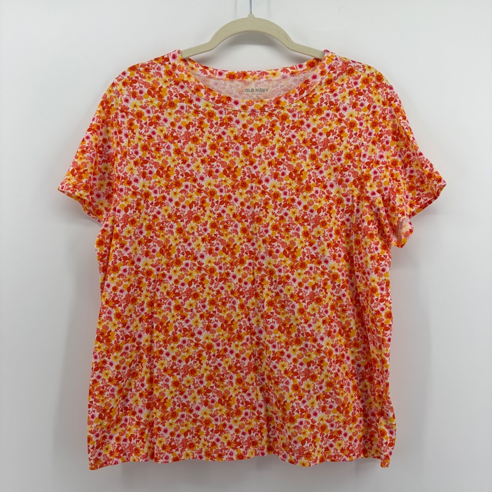 Old Navy Womens T Shirt Orange Floral Print Short Sleeve Crew Neck Top Size L